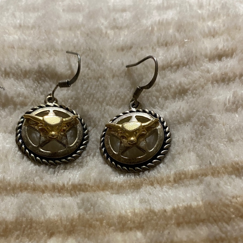 Gold and Silver Longhorn Medallion  on a star Drop Earrings - Women Jewelry